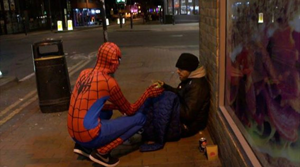spiderman feeds homeless