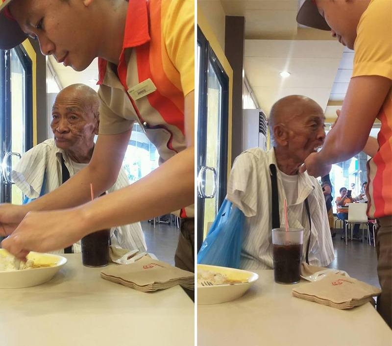 restaurant worker feeds elderly man with no arms