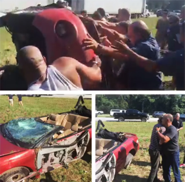 people flip car with man trapped underneath leaking gas
