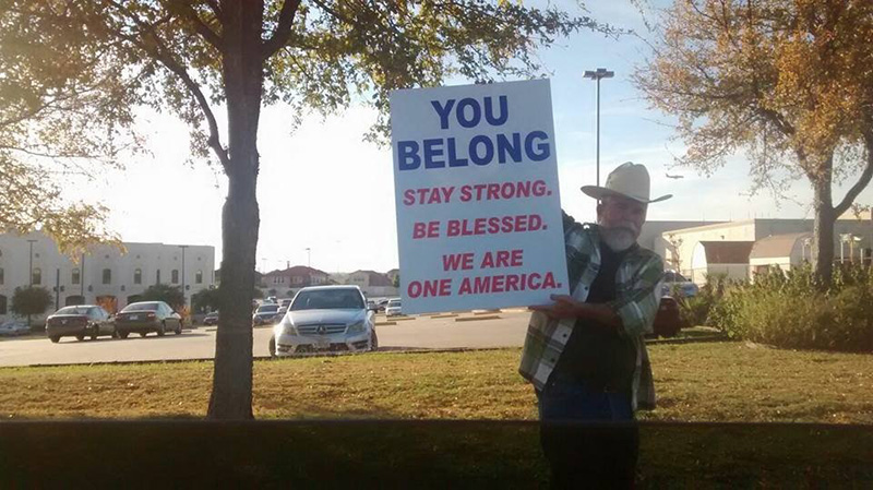 Texas man sign outside of mosque