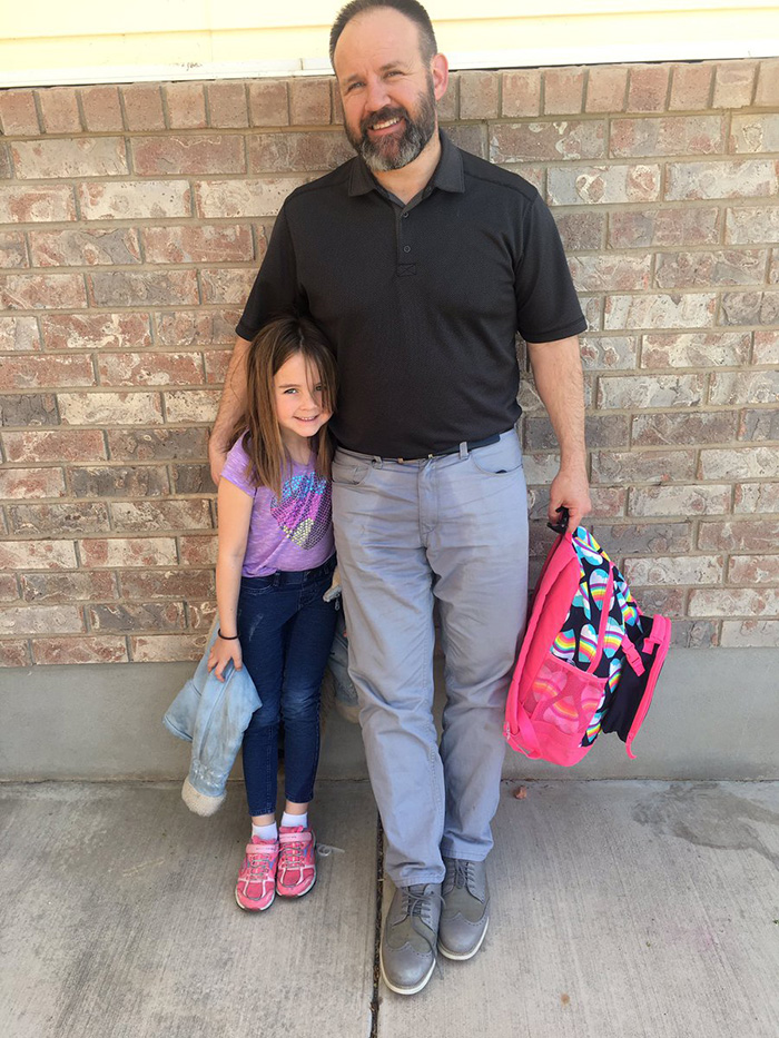 dad pees wets pants to pick daughter up at school accident