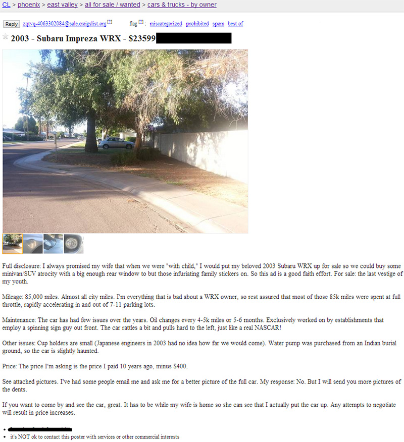 husband has to sell car funny craigslist ad haunted