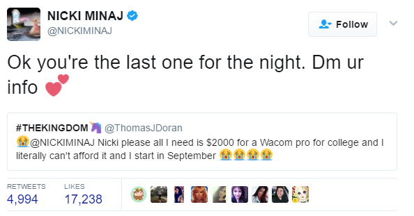 nicki minaj paying student loans of fans on twitter