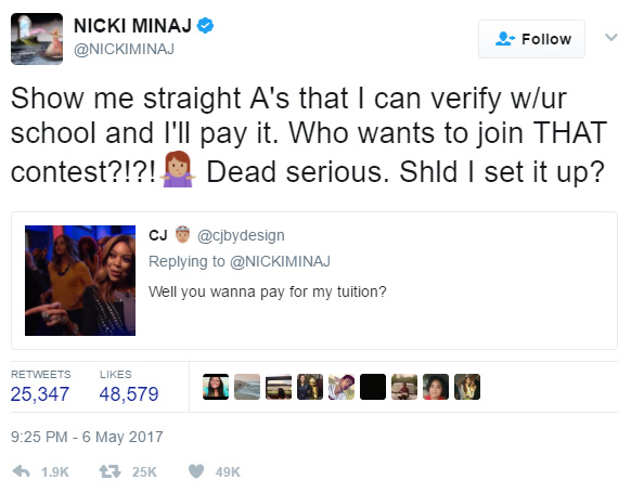 nicki minaj paying student loans of fans on twitter