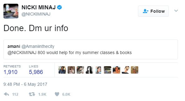 nicki minaj paying student loans of fans on twitter