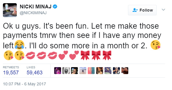 nicki minaj paying student loans of fans on twitter