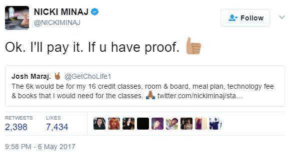 nicki minaj paying student loans of fans on twitter