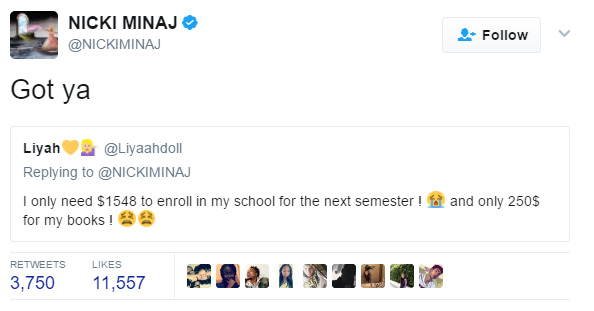 nicki minaj paying student loans of fans on twitter