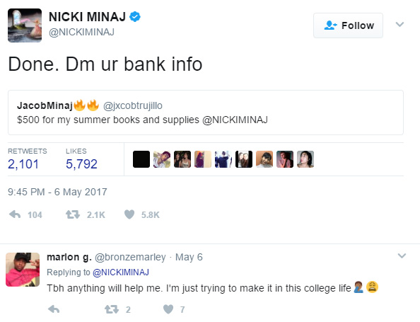 nicki minaj paying student loans of fans on twitter