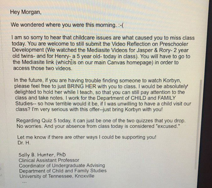 college professor email to single mom bring child to class