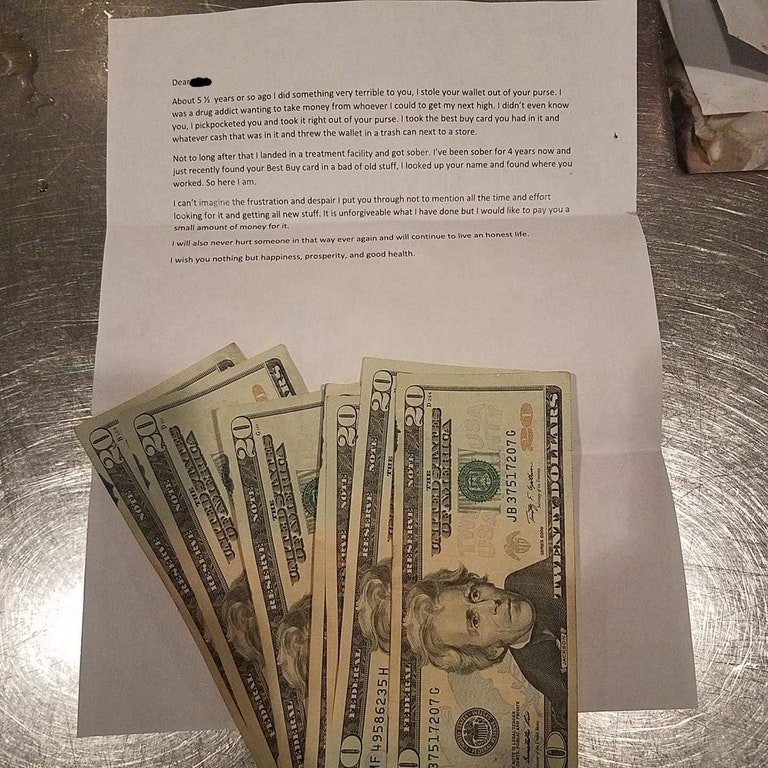 letter from ex drug addict with money woman he robbed