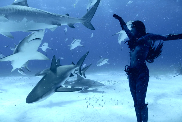 woman dances with sharks