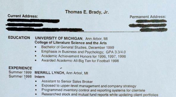tom brady finds his old resume posts it on facebook