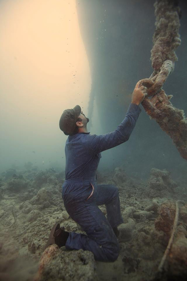 underwater photo shoot construction worker