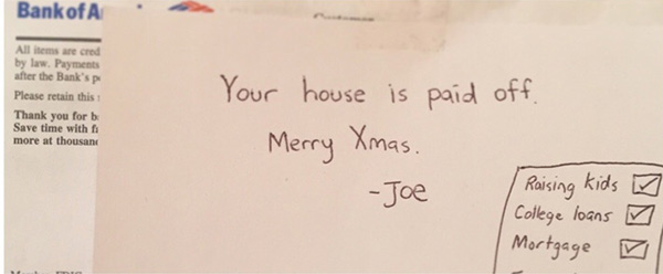 son pays off parents mortgage for Christmas