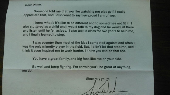 tiger woods letter to boy with stutter