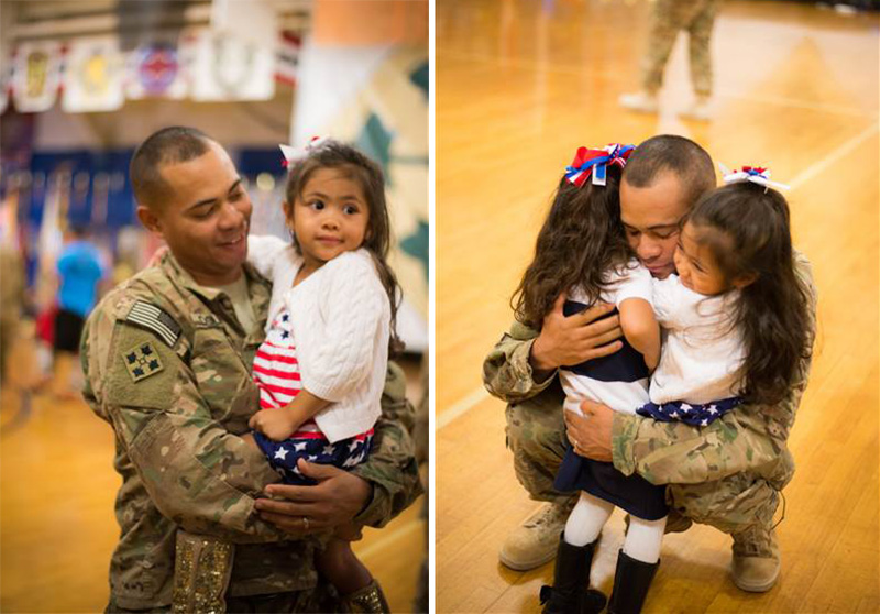 girl hugs dad during military ceremony