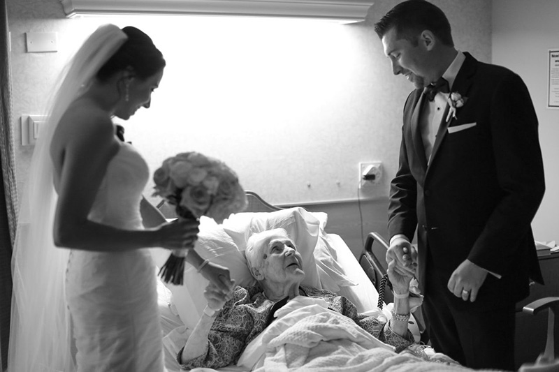 bride and groom visit grandmother in hospital