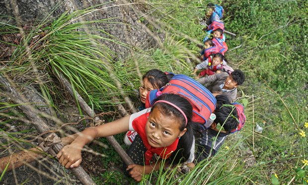chinese students climb mountain to get to school