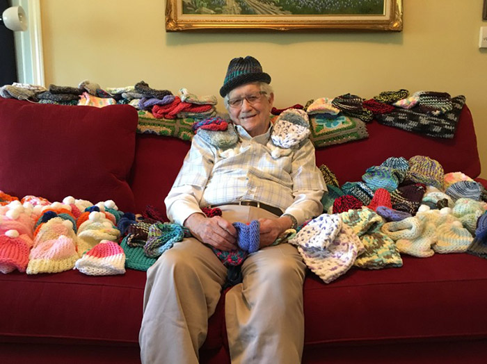 grandpa knits hats for preemie babies in NICU