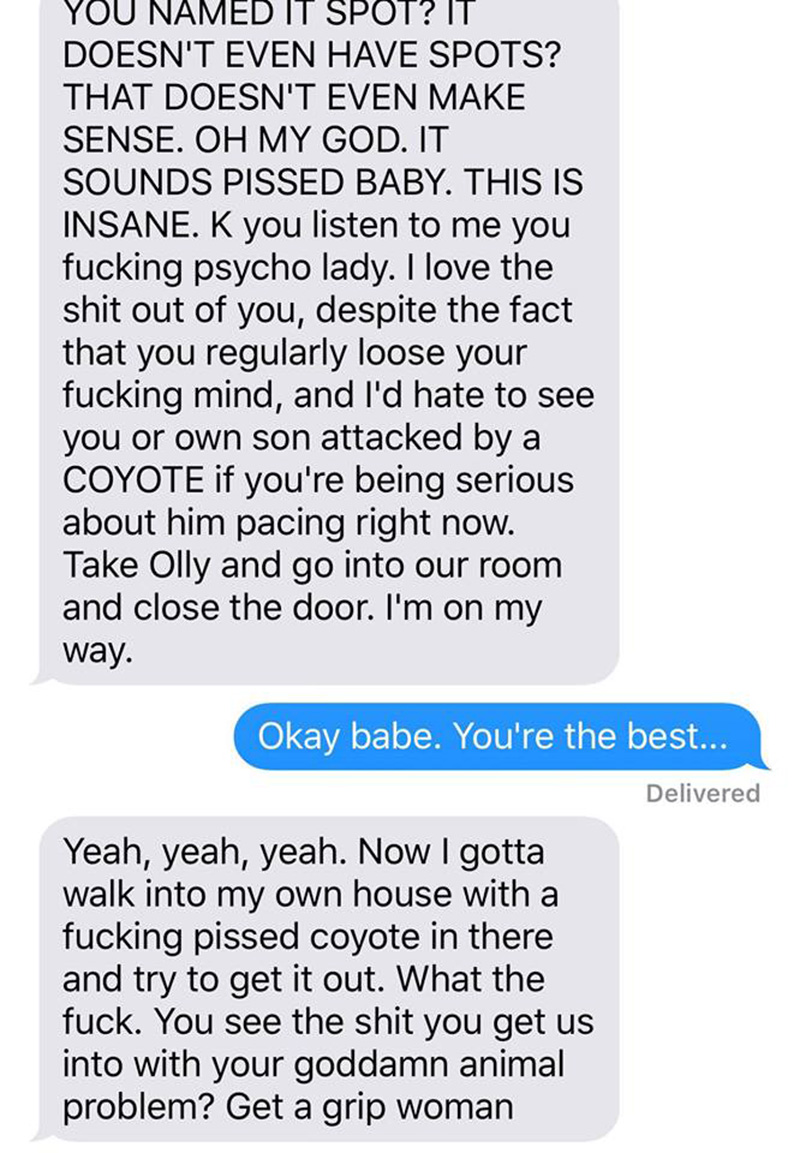 wife pranks husband coyote text messages