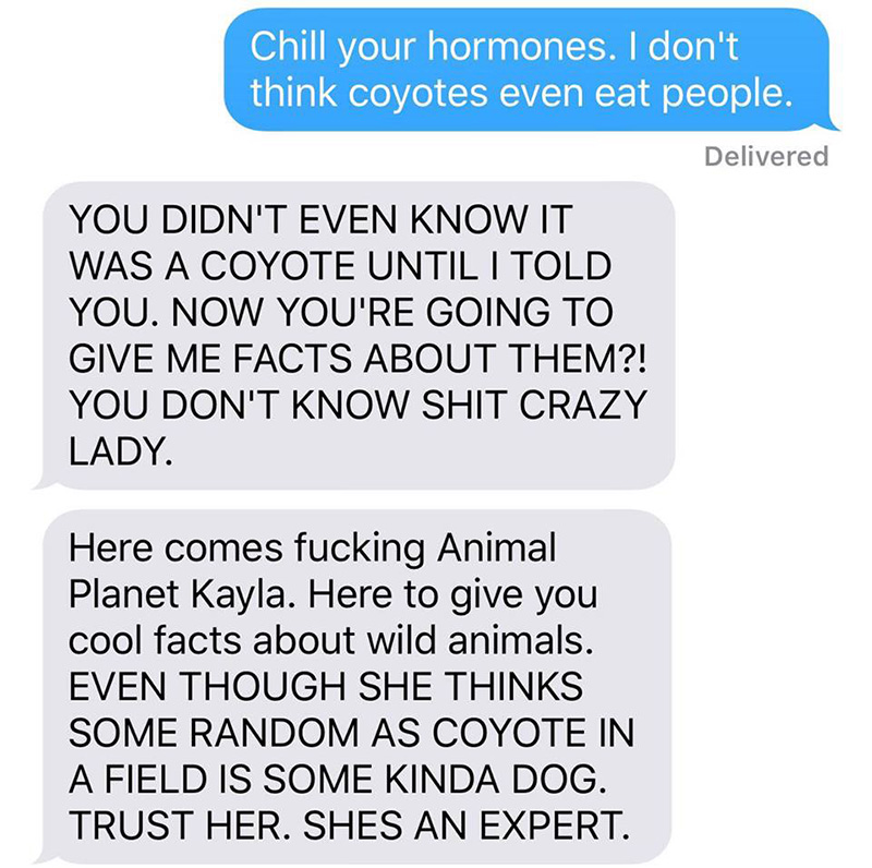 wife pranks husband coyote text messages