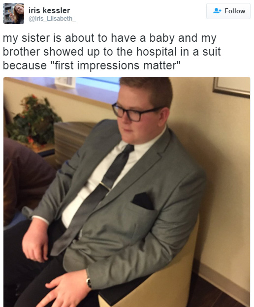 guy shows up in suit to meet baby first impressions matter
