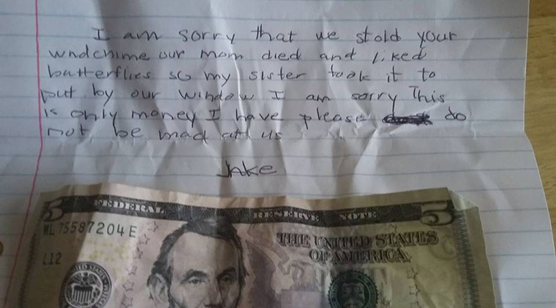 stolen windchime story letter kid money