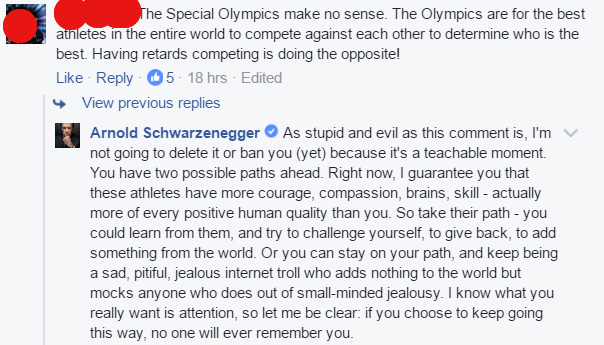 arnold response to troll on Special Olympics