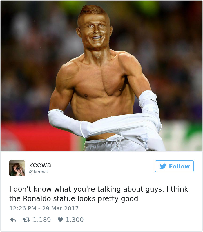 funny reactions to ronaldo airport sculpture