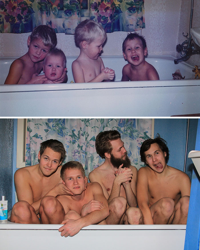 siblings recreate old photos funny