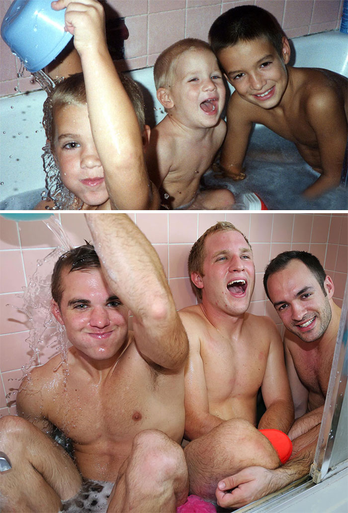 siblings recreate old photos funny