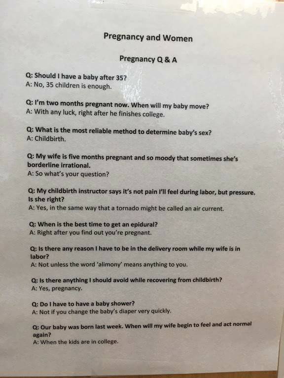 funny pregnancy Q&A sheet