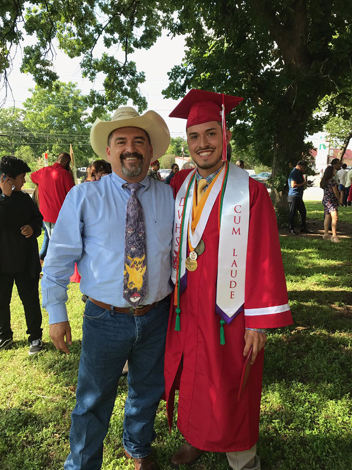 dad wears Pokemon tie graduation son made