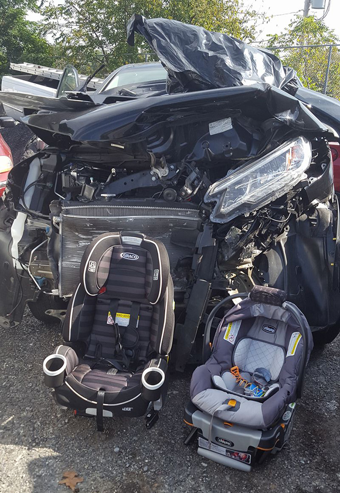 mom car seat post mangled car