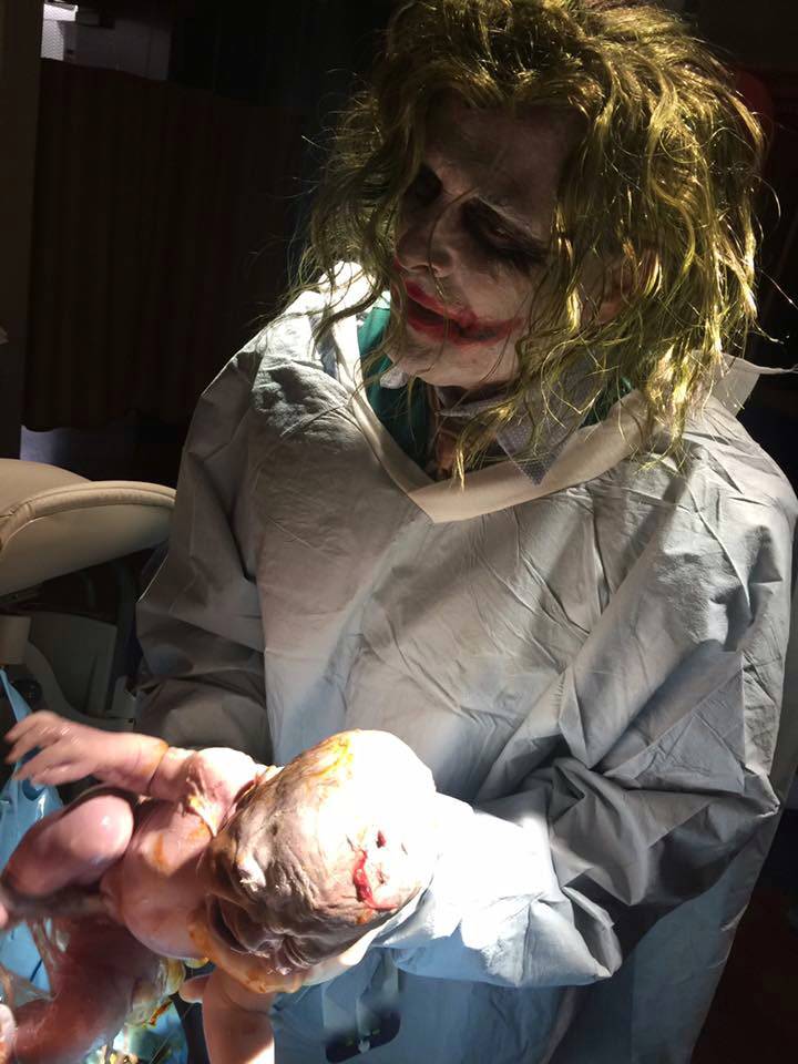 doctor delivers baby on Halloween dressed as Joker