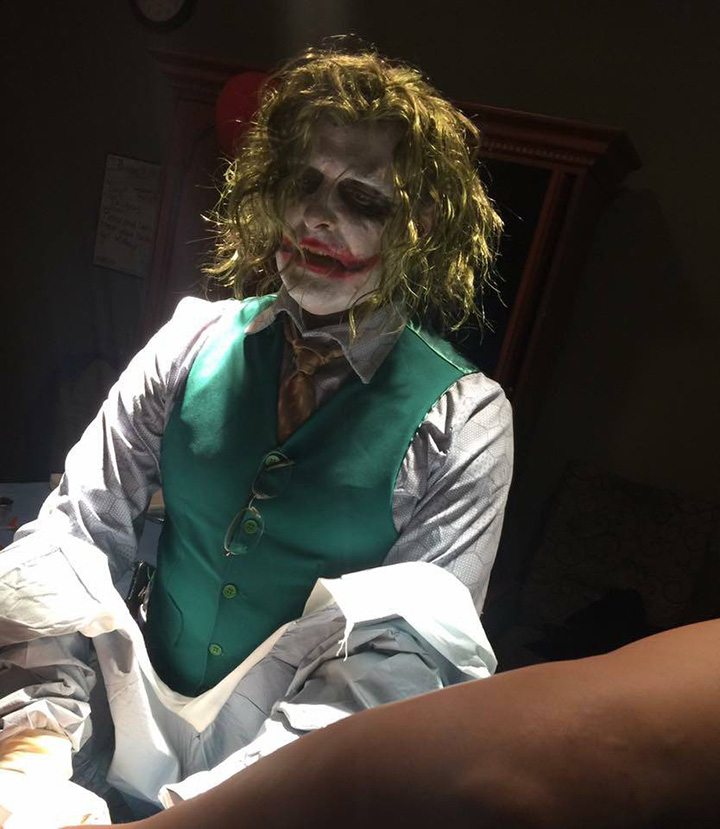 doctor delivers baby on Halloween dressed as Joker