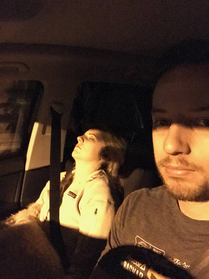 guy posts road trip pictures with wife sleeping in every one