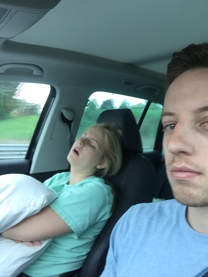 guy posts road trip pictures with wife sleeping in every one