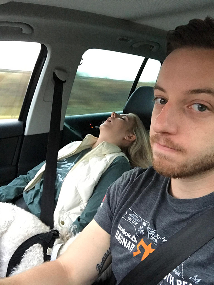 guy posts road trip pictures with wife sleeping in every one