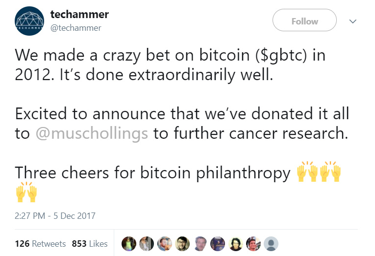 couple donates bitcoin to cancer hospital