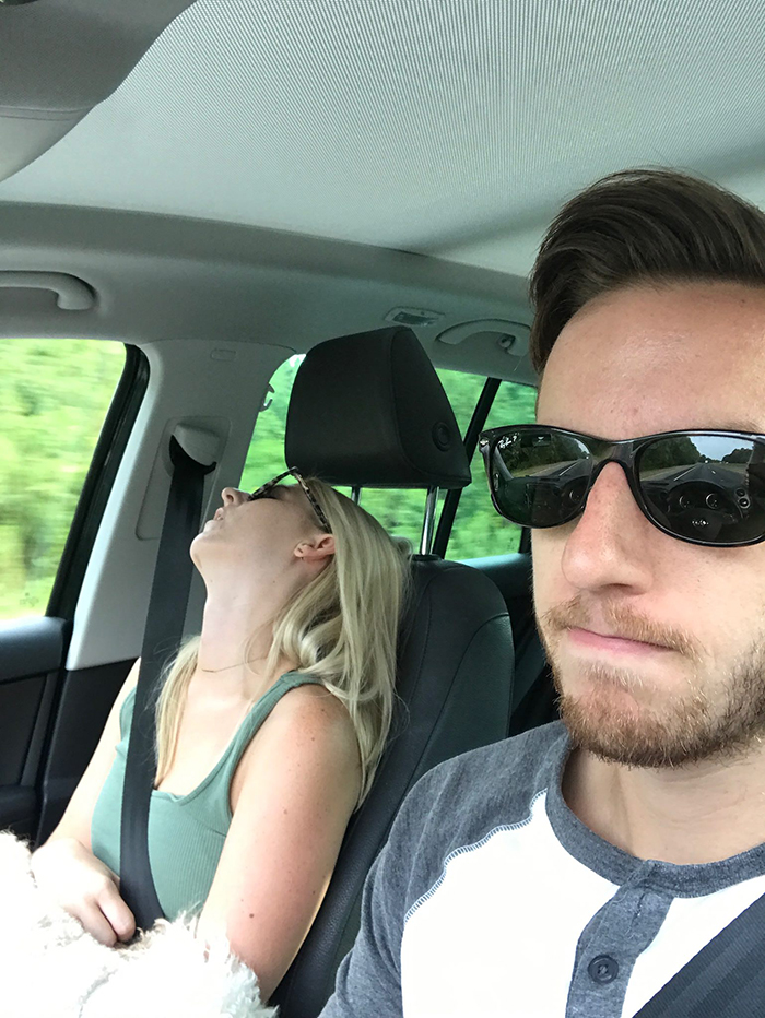 guy posts road trip pictures with wife sleeping in every one