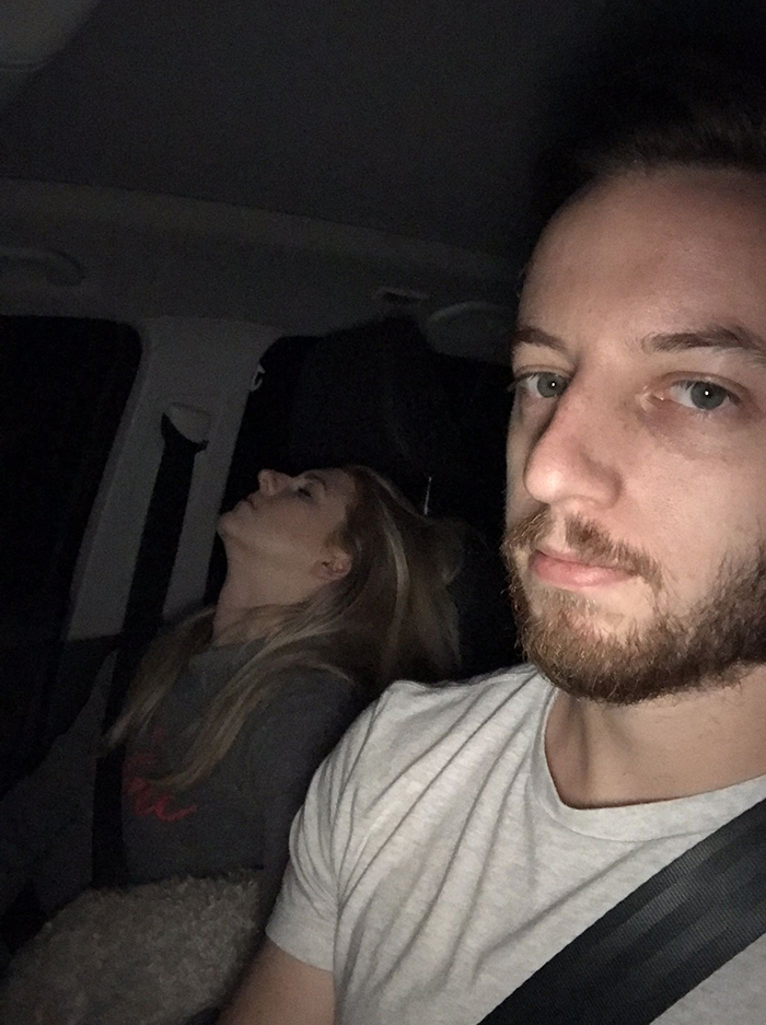 guy posts road trip pictures with wife sleeping in every one