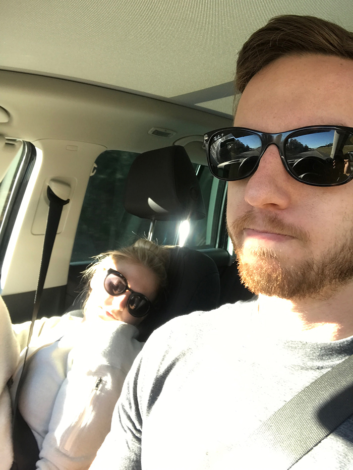 guy posts road trip pictures with wife sleeping in every one