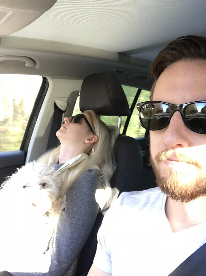 guy posts road trip pictures with wife sleeping in every one