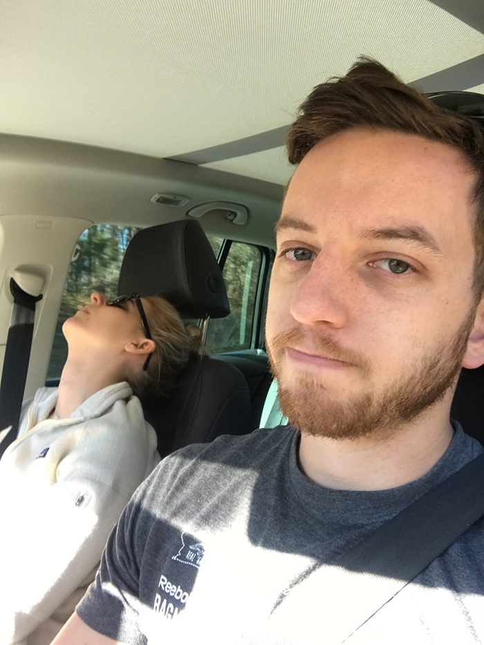 guy posts road trip pictures with wife sleeping in every one