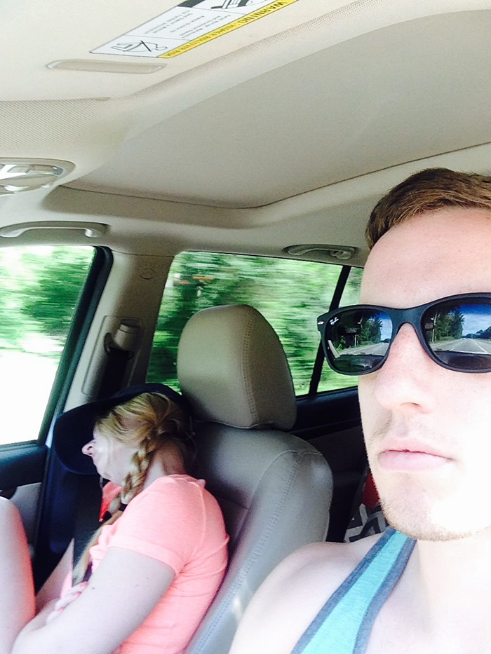 guy posts road trip pictures with wife sleeping in every one