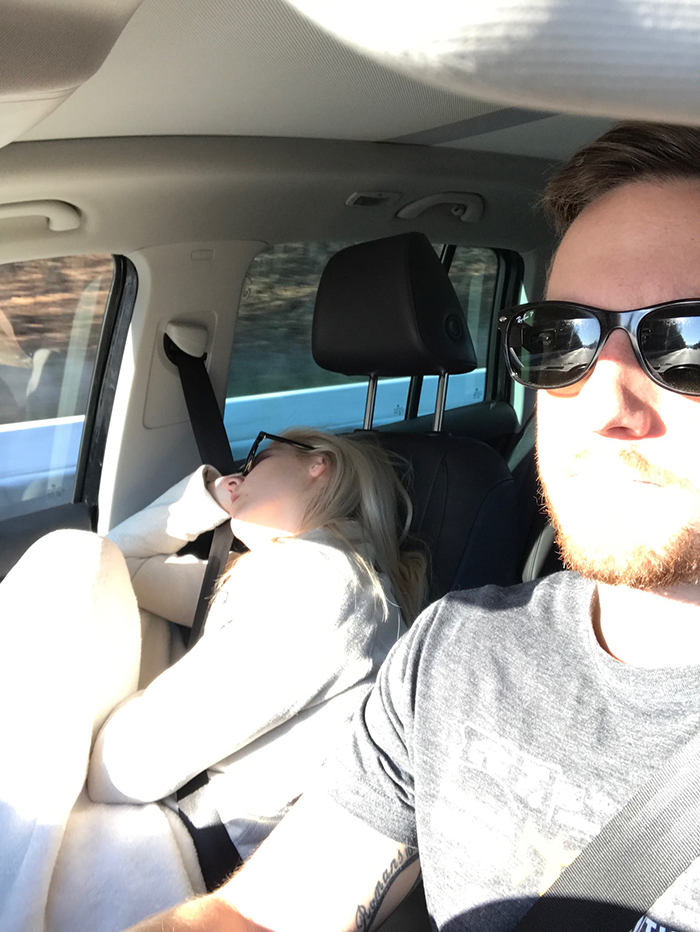 guy posts road trip pictures with wife sleeping in every one