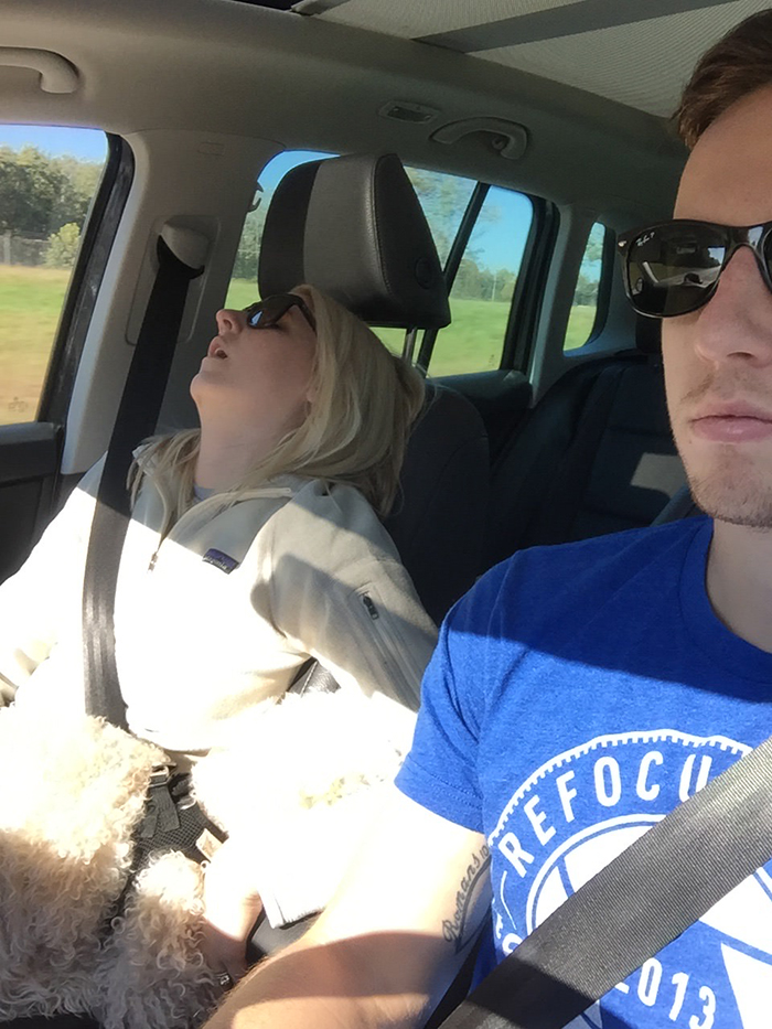 guy posts road trip pictures with wife sleeping in every one