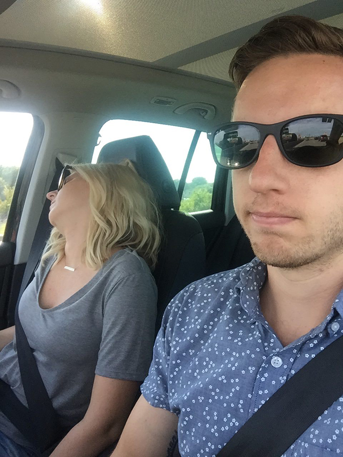 guy posts road trip pictures with wife sleeping in every one